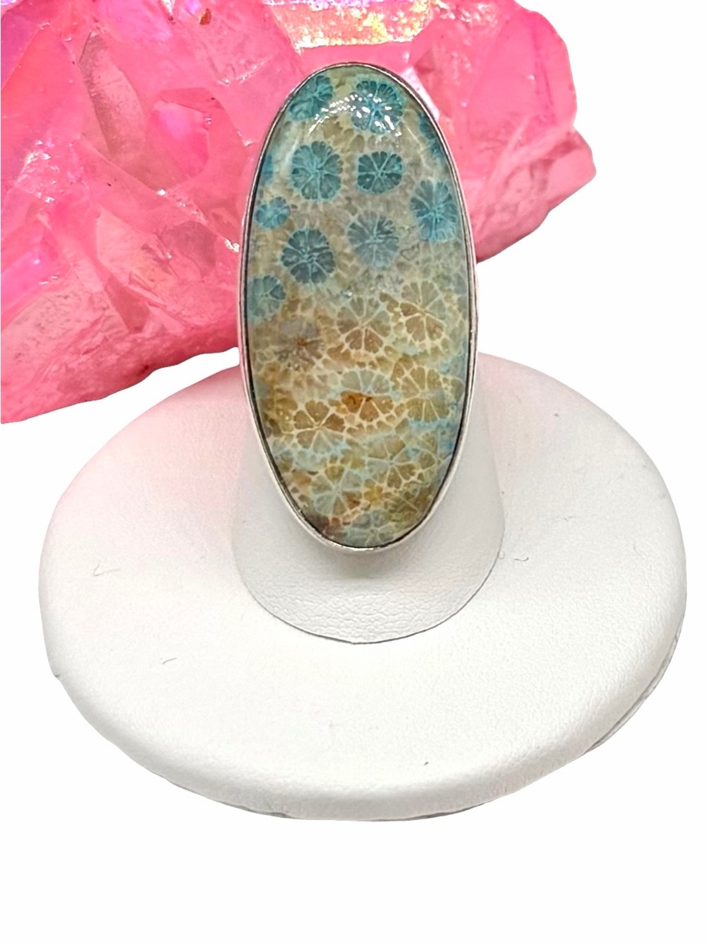 Blue Fossil Coral Ring Size 6 925 Sterling Silver Overlay